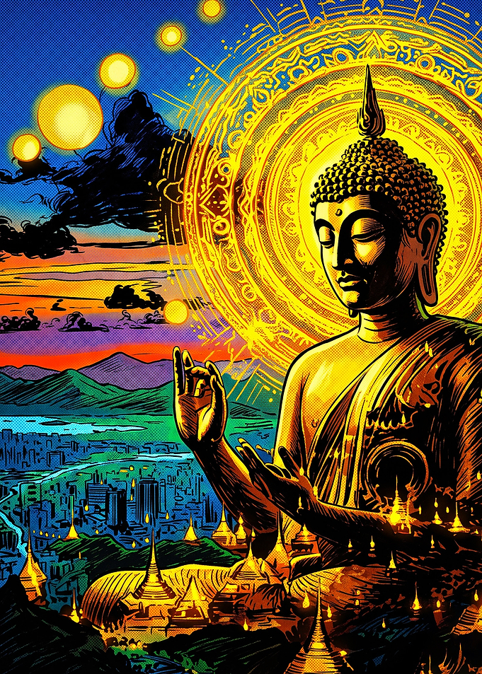 Golden Buddha Meditating Over Cityscape