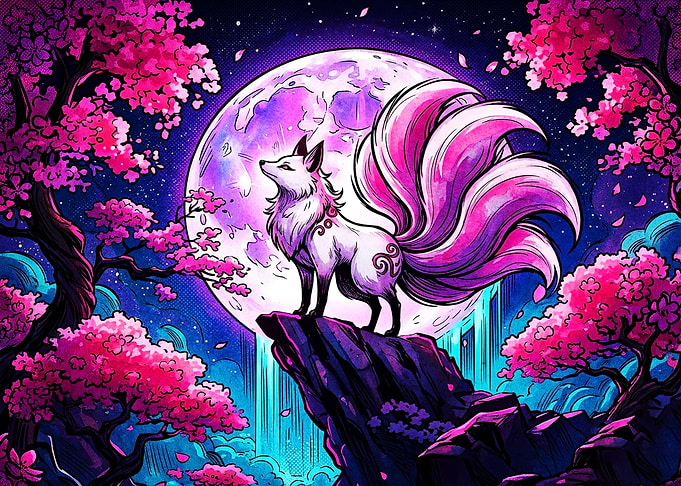 Nine-Tailed Fox Under Full Moon