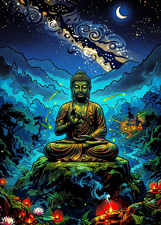 Meditating Buddha Under Starry Night Sky