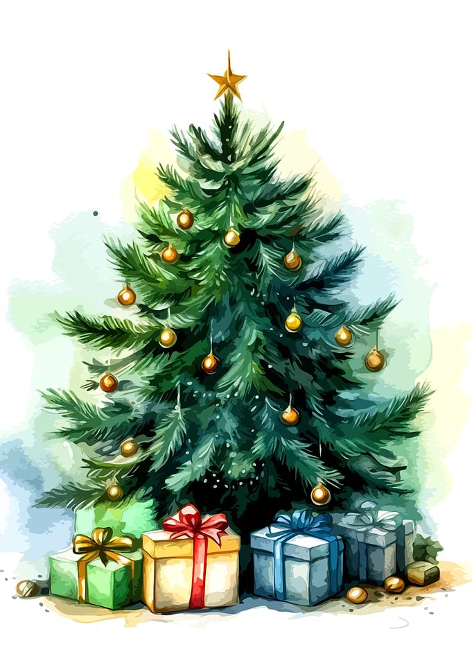 Watercolor Christmas Tree with Gifts