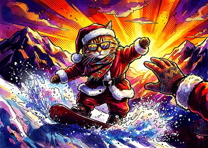 Santa Cat Snowboarding Adventure