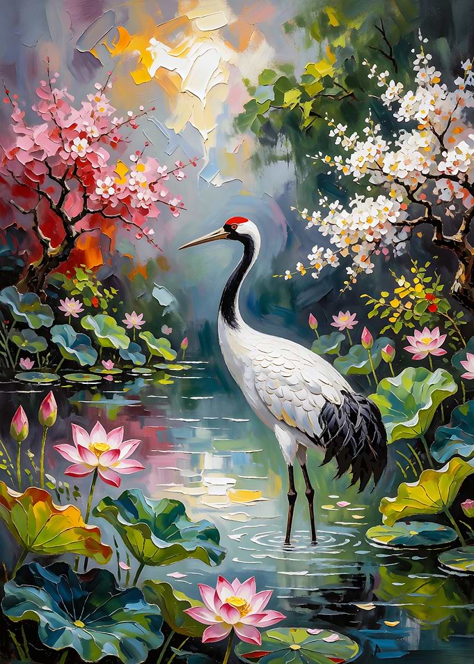 Red-Crowned Crane in the Garden Pond
