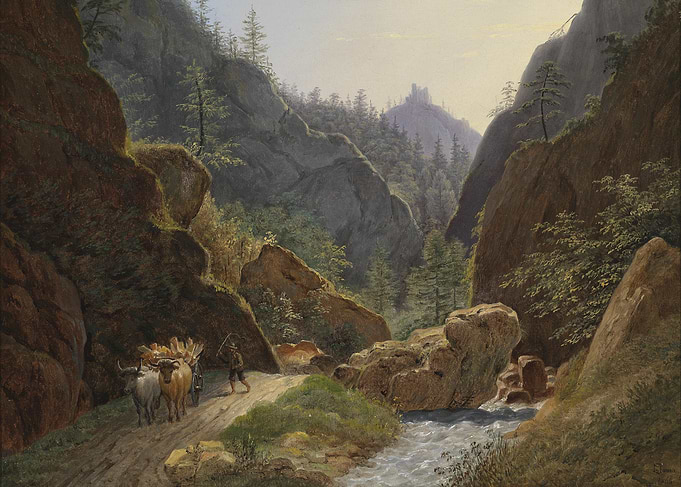 Mountain Path with Oxen and Stream