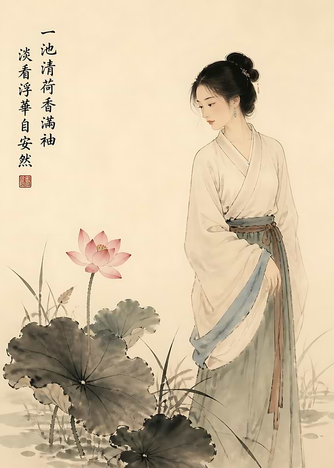 Elegant Woman with Lotus Flower Painting