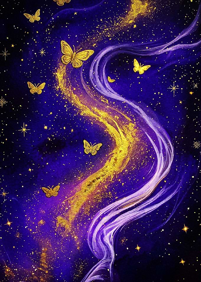 Golden Butterflies in Cosmic Purple Sky