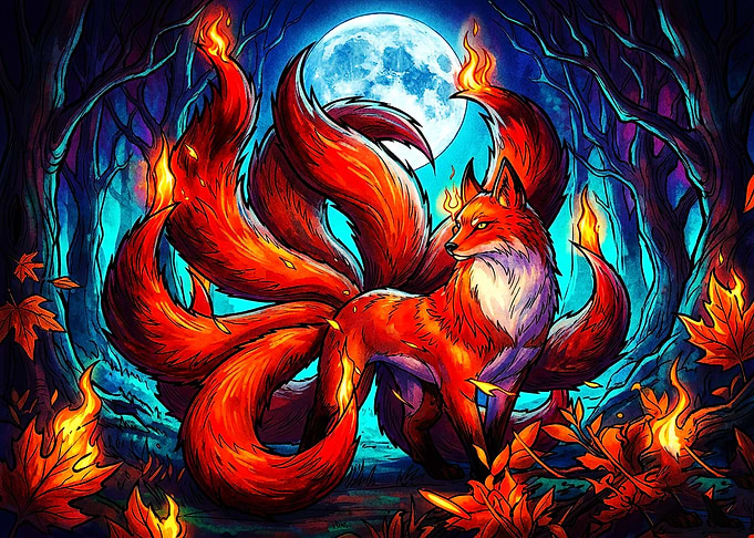 Nine-Tailed Kitsune Fox in Forest