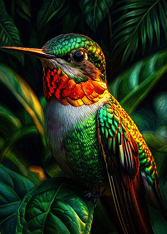 Vibrant Hummingbird in Lush Foliage