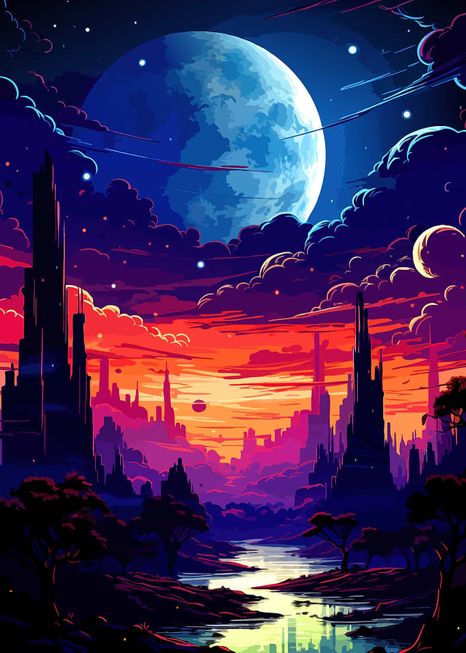 Surreal Alien Landscape with Twin Moons