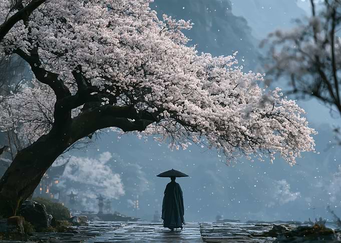 Solitary Traveler Under Cherry Blossoms