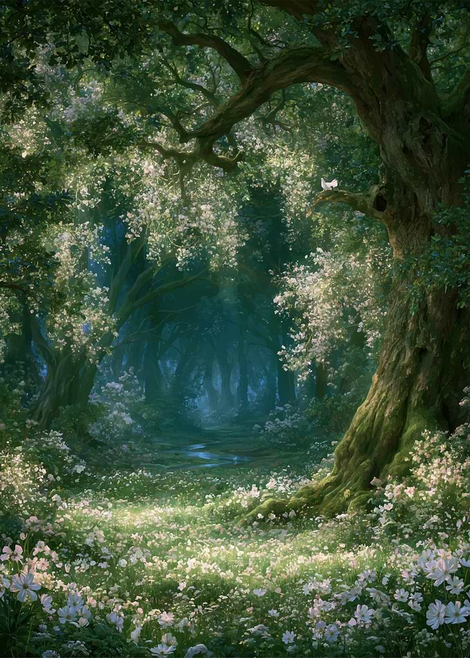 Enchanted Forest with White Flowers