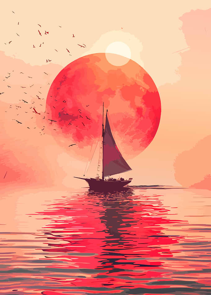 Sailboat Under a Giant Red Sun