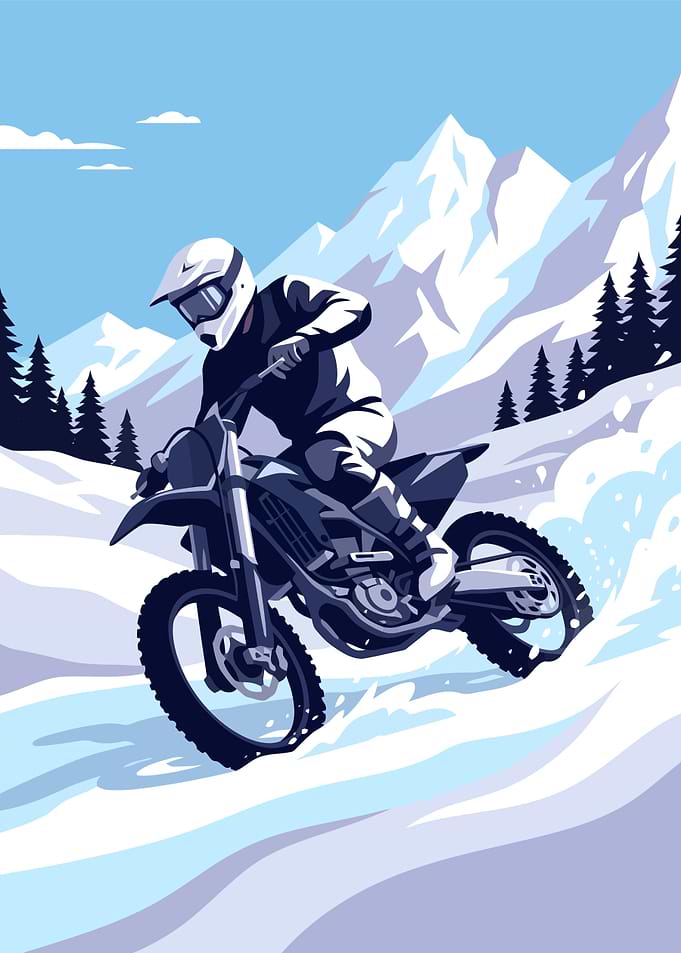 Motocross Rider in Snowy Mountains