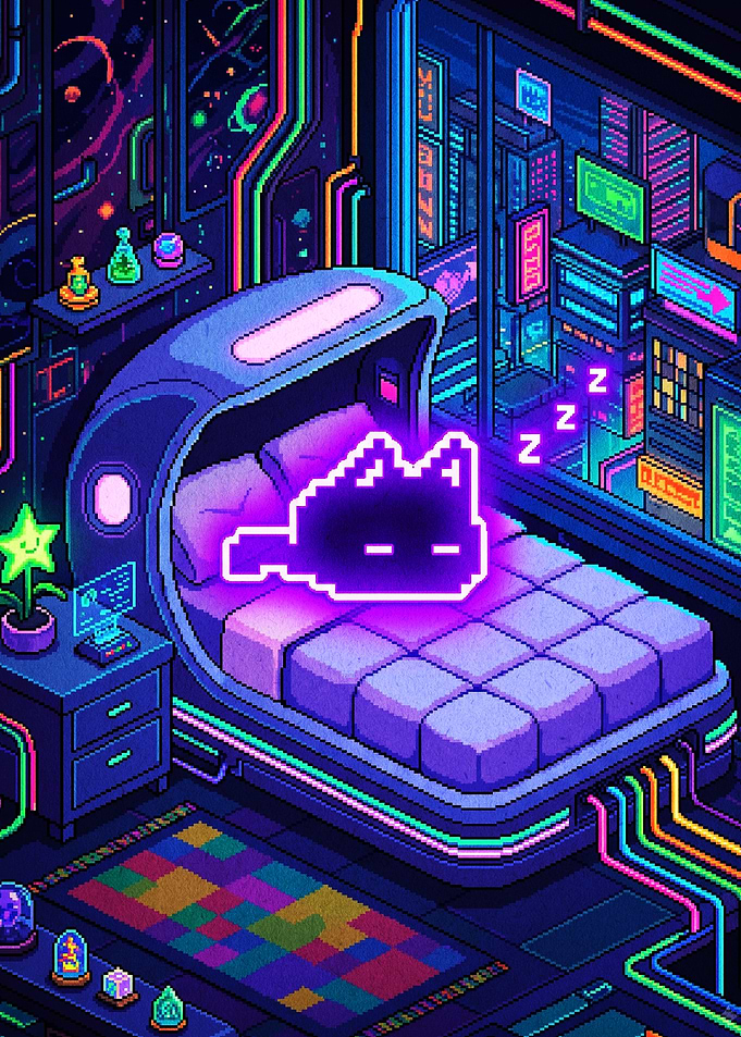 Neon Pixel Art Sleeping Cat