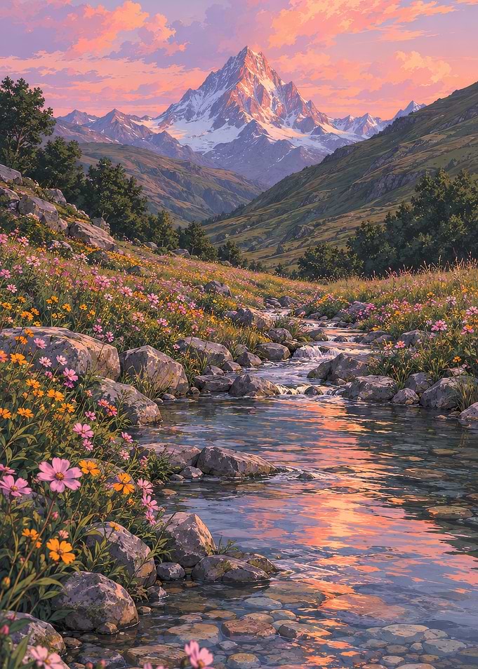 Sunset Mountain Stream and Wildflowers