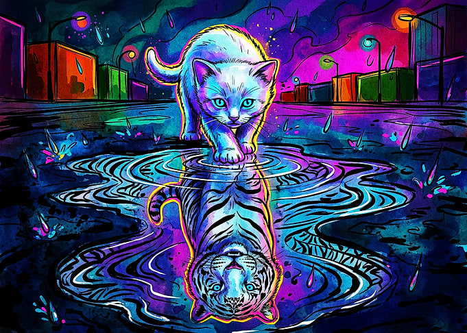 Neon Kitten Reflecting a Tiger