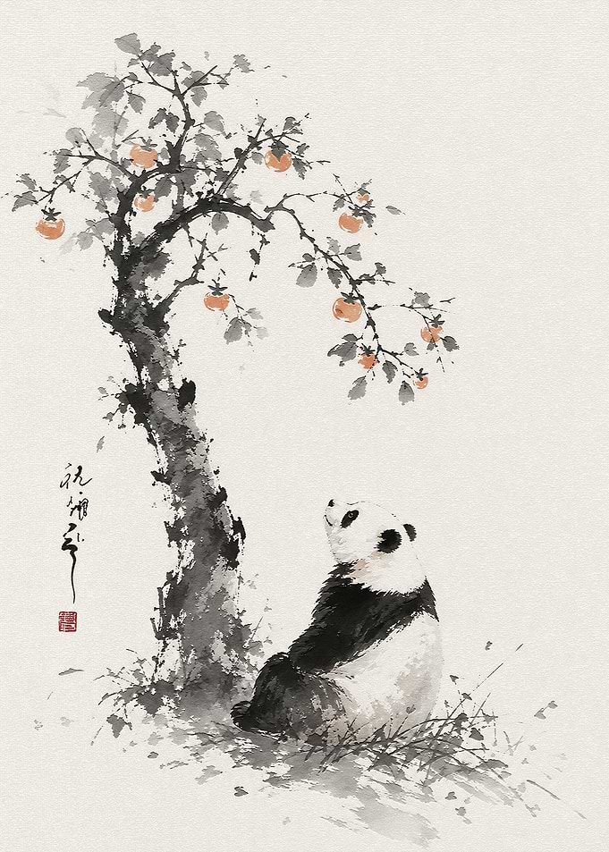 Panda Under Persimmon Tree Ink Wash