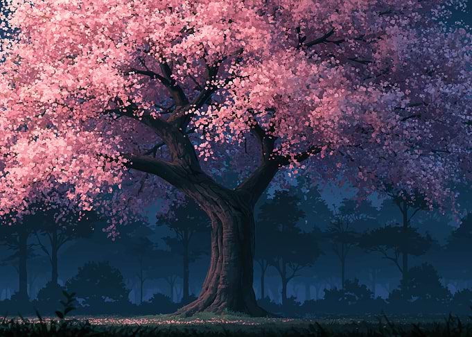 Blooming Cherry Blossom Tree at Night