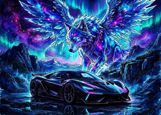 Cosmic Winged Wolf and Supercar