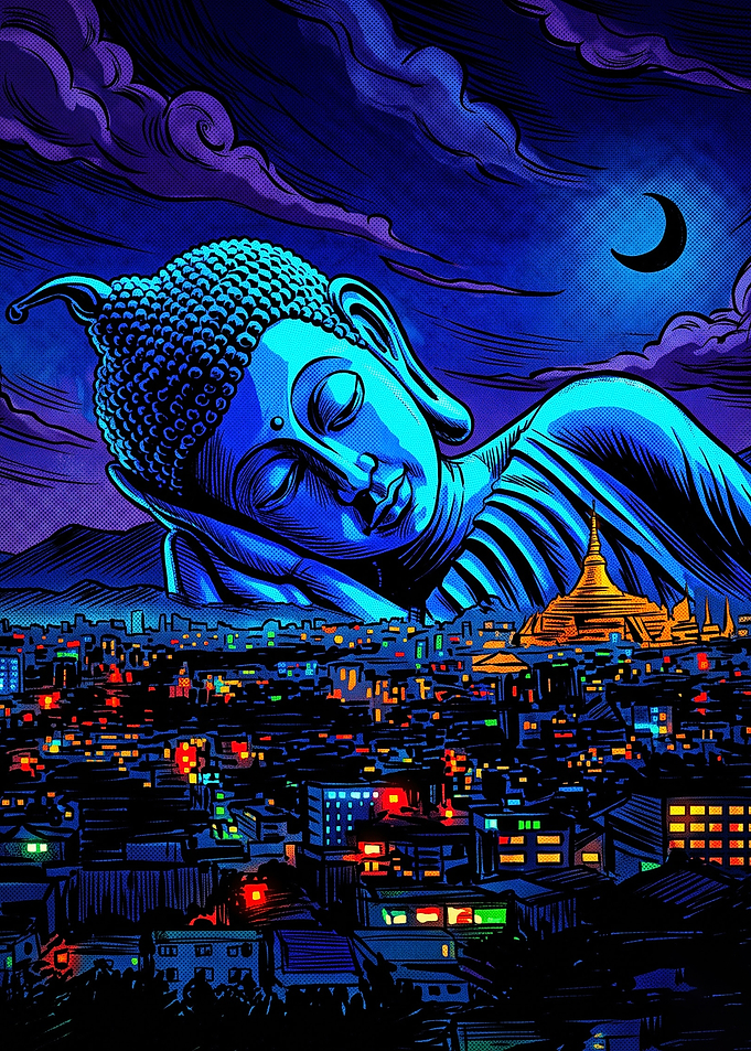 Sleeping Buddha Over Cityscape