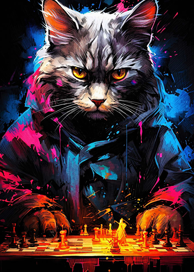 Neon Cat Playing Chess