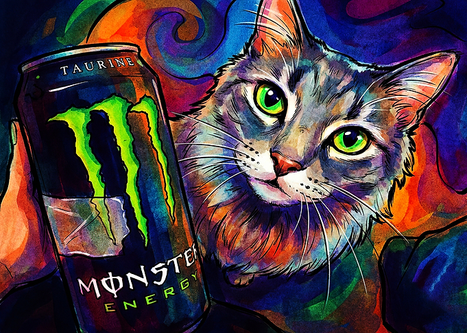 Colorful Cat Holding Monster Energy Drink