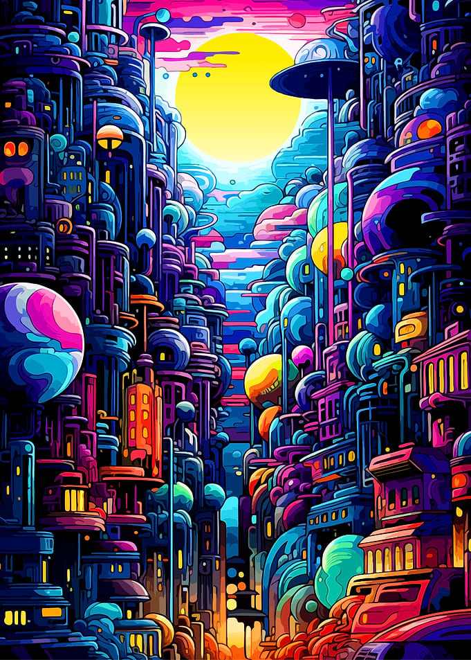 Vibrant Psychedelic Futuristic Cityscape