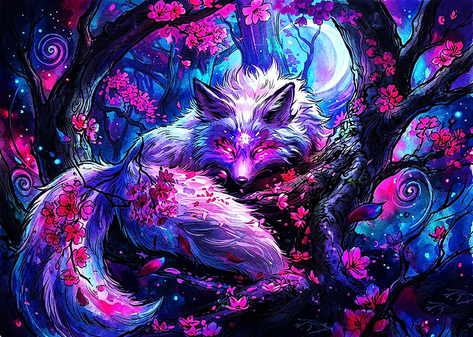 Mystical Fox in Cherry Blossom Tree