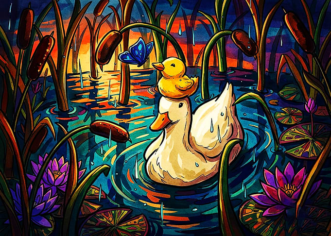 Duck and Duckling in Pond