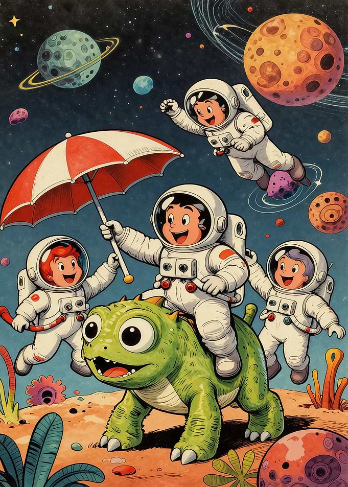 Astronaut Children Riding Alien Creature