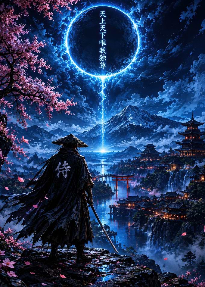 Samurai Standing Before Mystical Mountain Temple