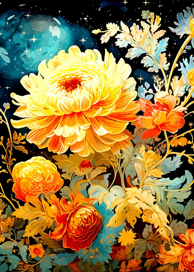 Celestial Golden Chrysanthemums in Night Sky