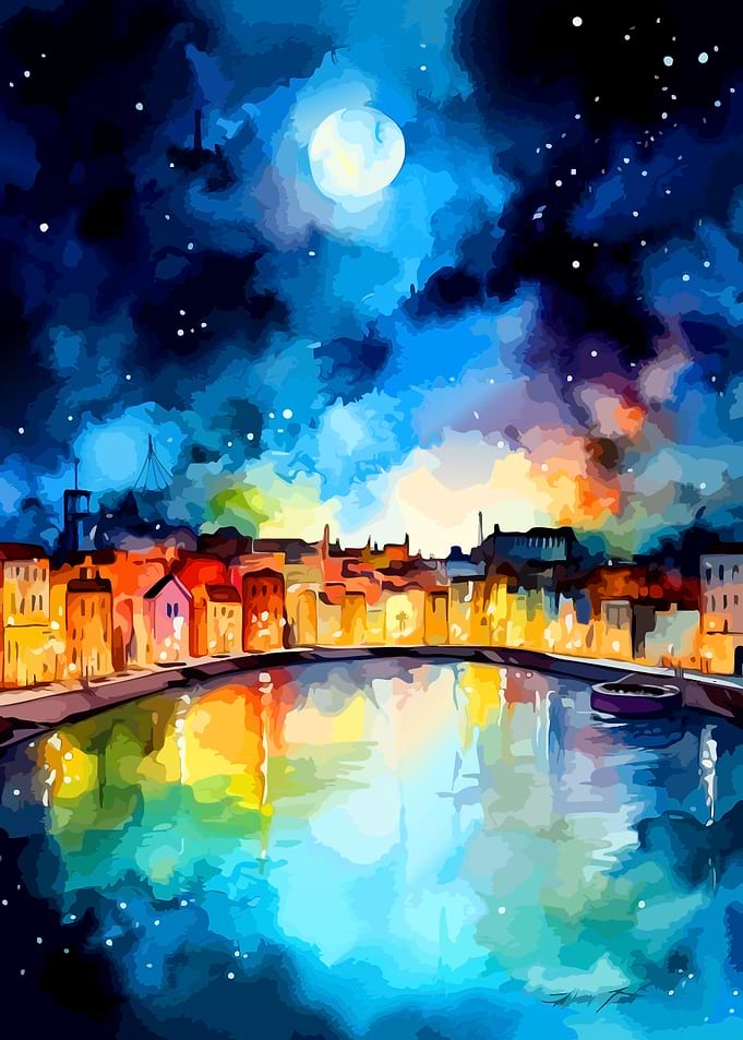 Vibrant Night Cityscape by Water