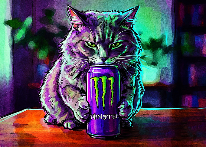 Cat Holding a Monster Energy Drink