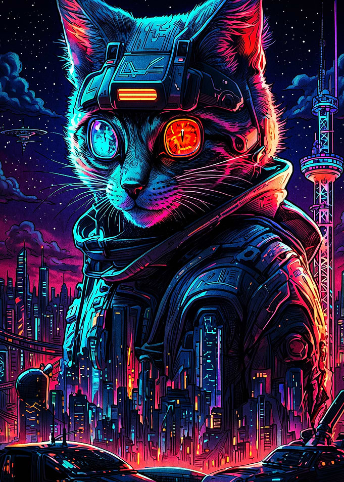 Cyberpunk Cat Warrior in Neon City