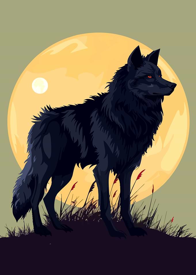 Black Wolf Under Full Moon