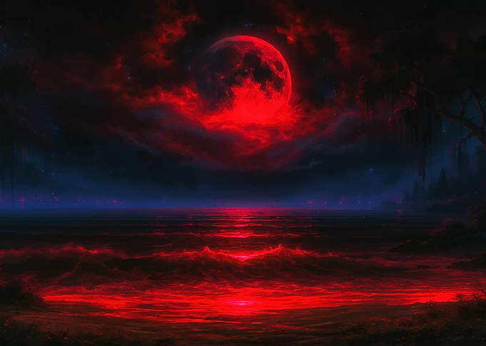 Eerie Red Moon Over Dark Ocean
