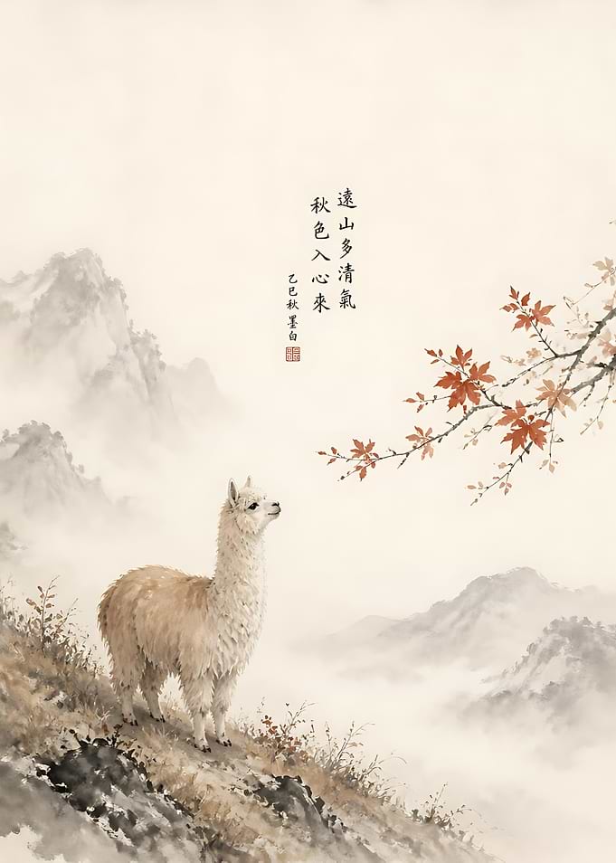 Alpaca in Misty Mountain Landscape