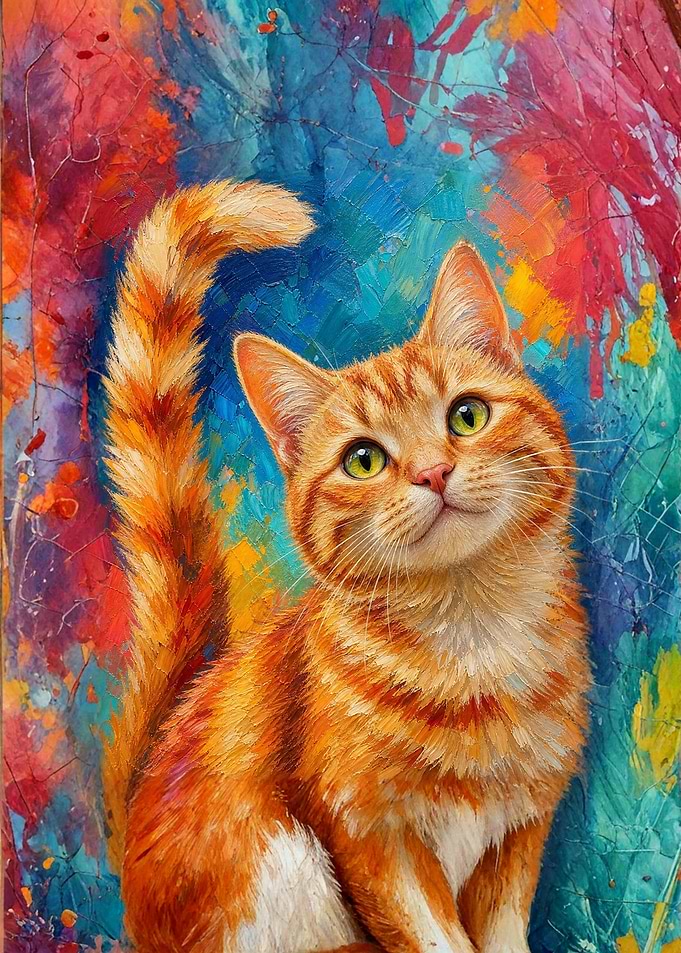 Vibrant Abstract Oil Painting Orange Cat