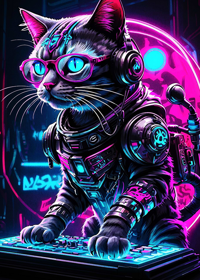 Cyberpunk Gamer Cat with Neon Gear