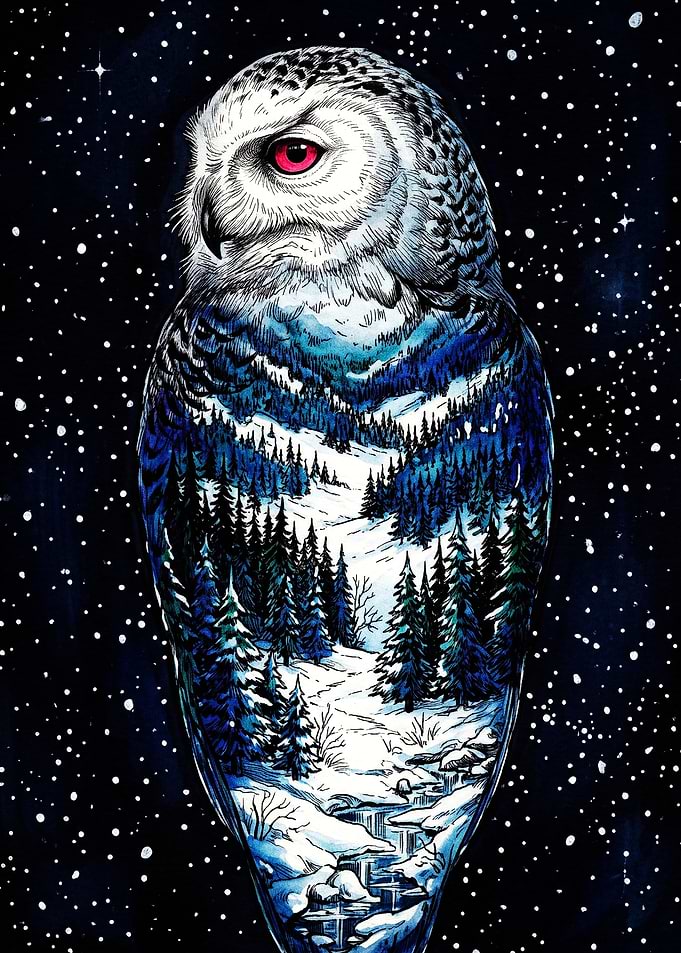 Double Exposure Snowy Owl Winter Forest