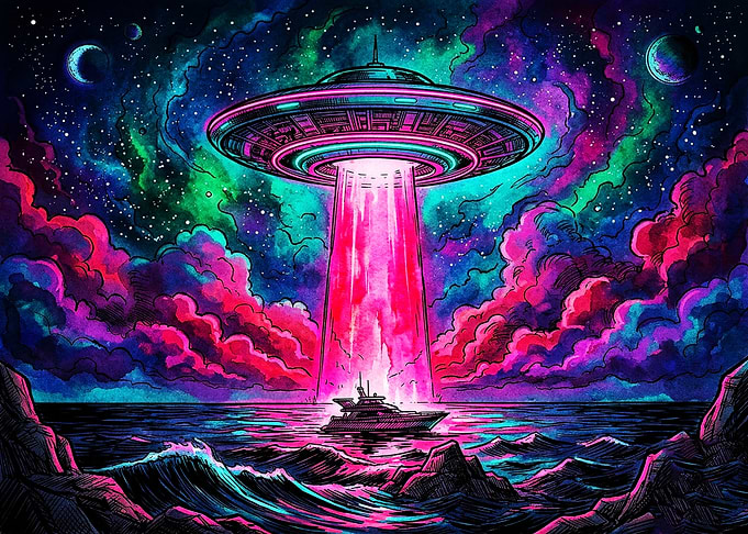 UFO Abducting Yacht in Neon Space