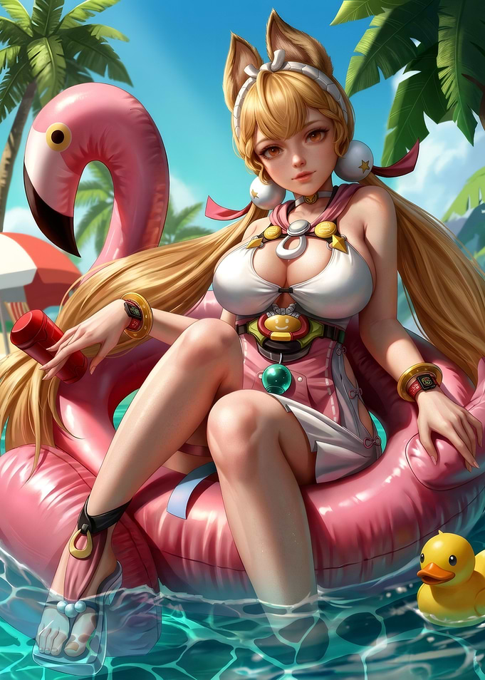 Anime Girl on Flamingo Pool Float