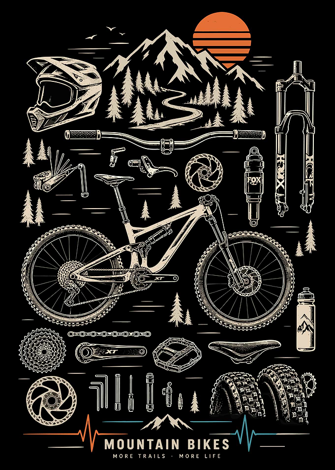 Mountain Bike Components and Landscape Illustration
