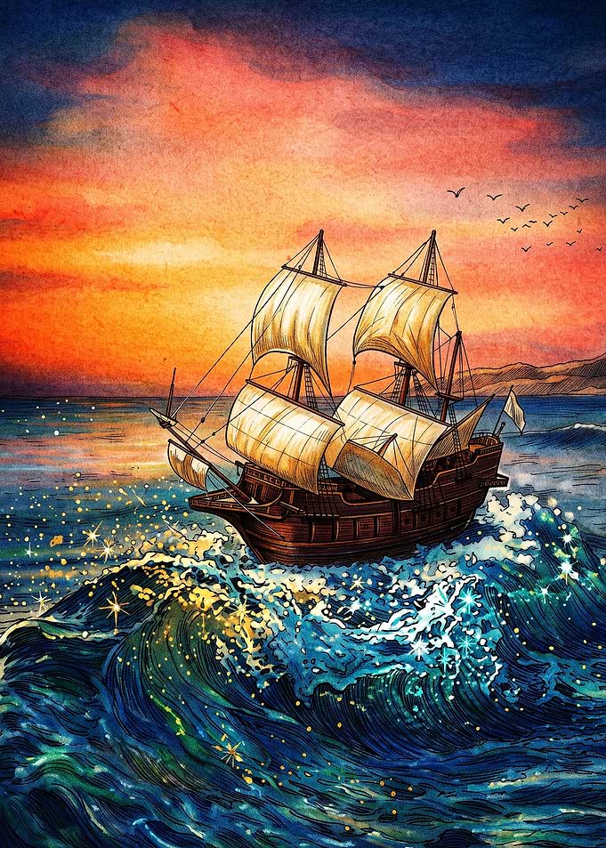 Galleon Sailing on Magical Sparkling Sea