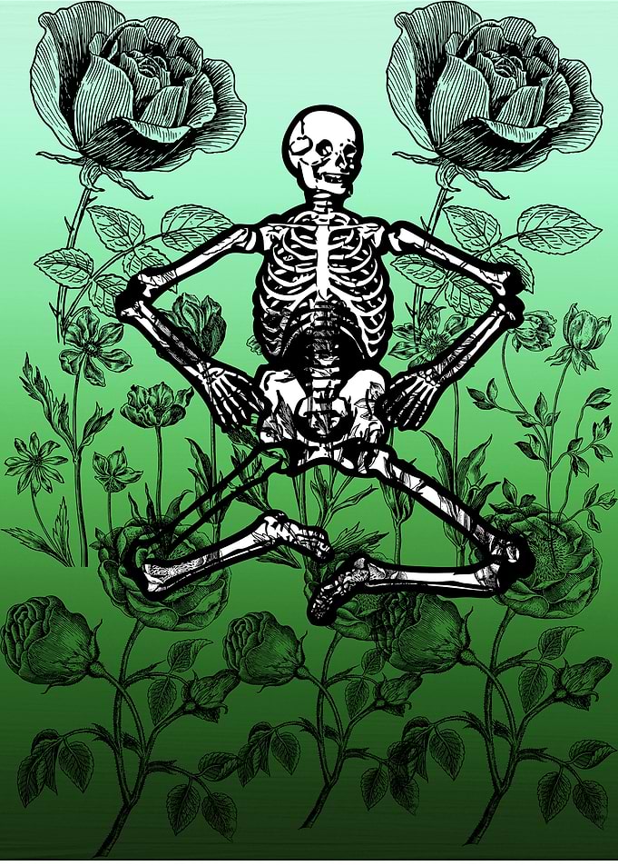 Skeleton Sitting Among Vintage Roses