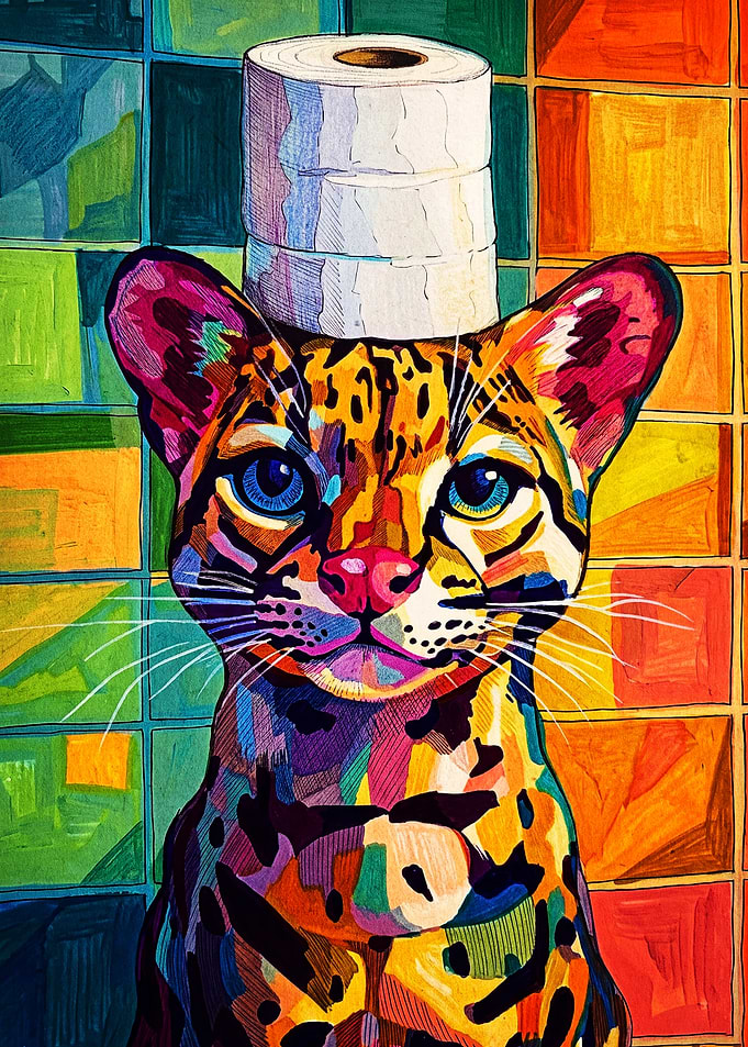 Colorful Ocelot with Toilet Paper