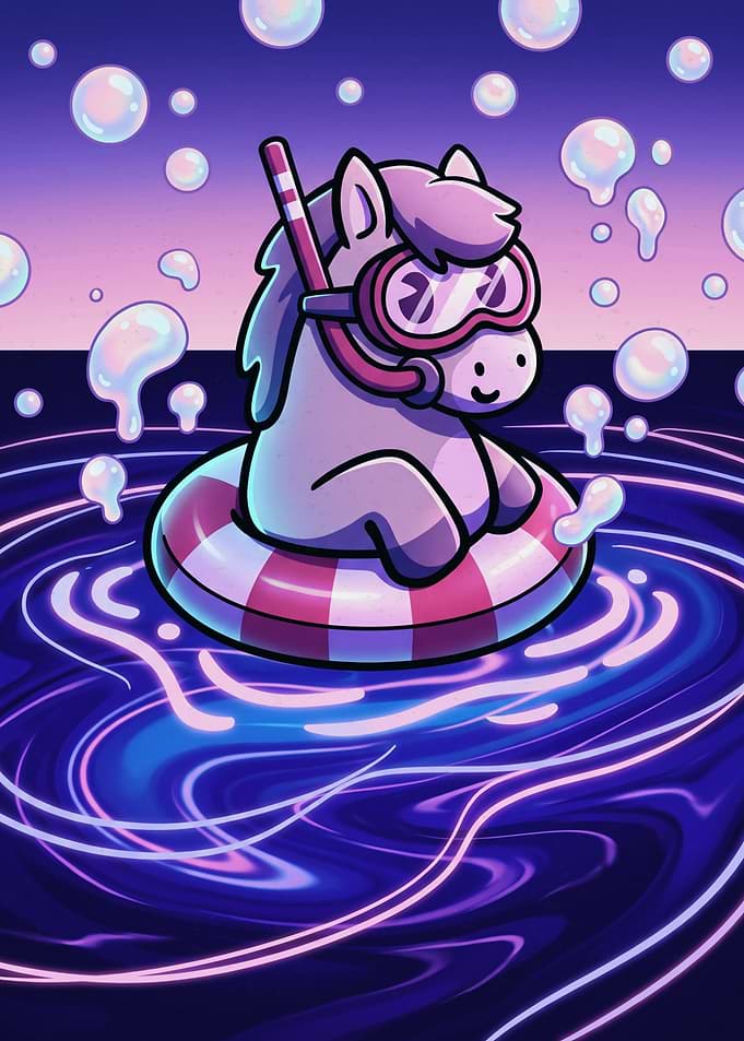 Cute Pony Floating in Neon Water