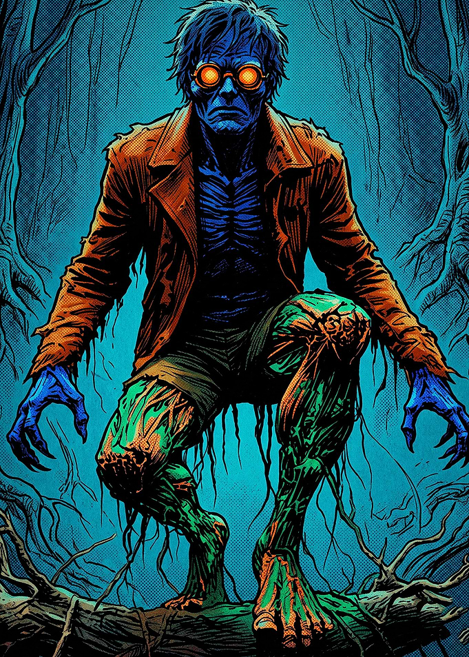 Goggles-wearing Creature in Dark Forest