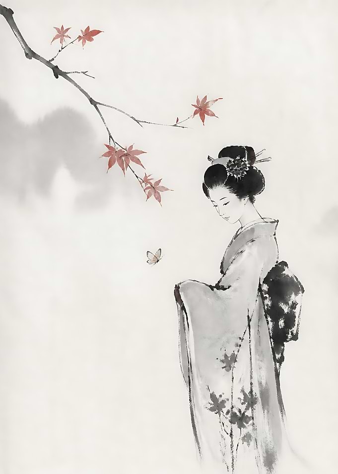 Geisha with Maple Branch and Butterfly