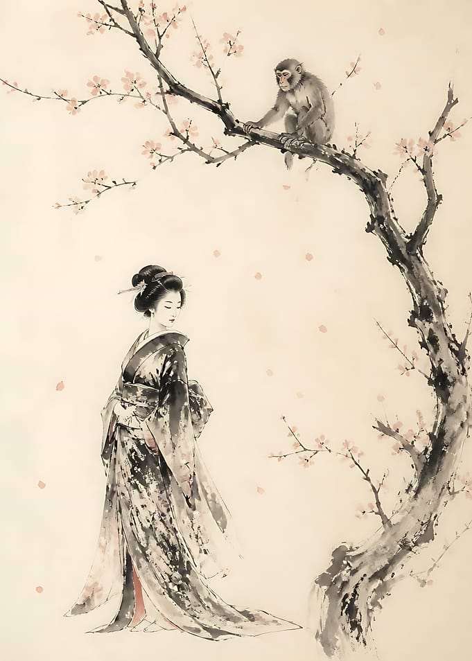 Geisha and Monkey Under Cherry Blossoms